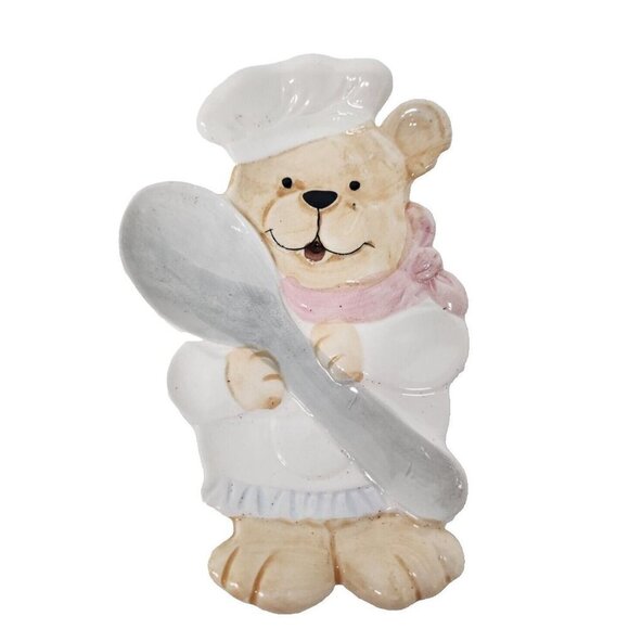 Vintage 1990s Teddy Bear Chef Ceramic Spoon Rest Figural Hand Painted  7"x3" - Picture 1 of 5